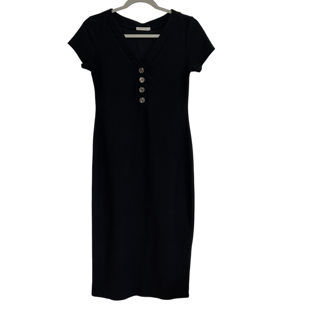 Heart Hips‎ Womens Black Ribbed Bodycon Midi Dress Casual Button Down L